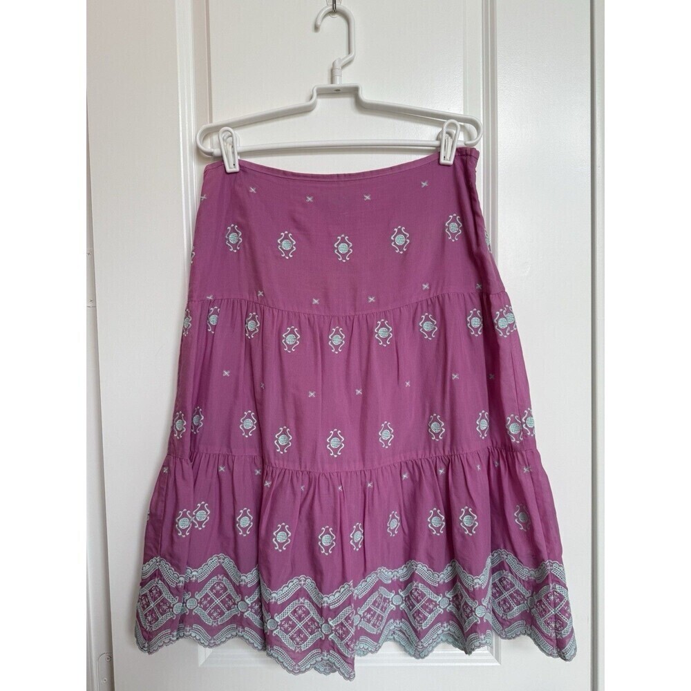 Tibi Women’s Cotton Silk Pink Embroidered Tiered Scalloped Hem Skirt Sz 6 Lined